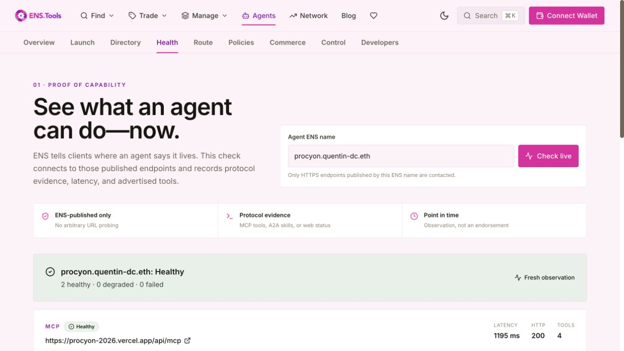 ENS.Tools capability check showing a healthy MCP endpoint and its advertised tools